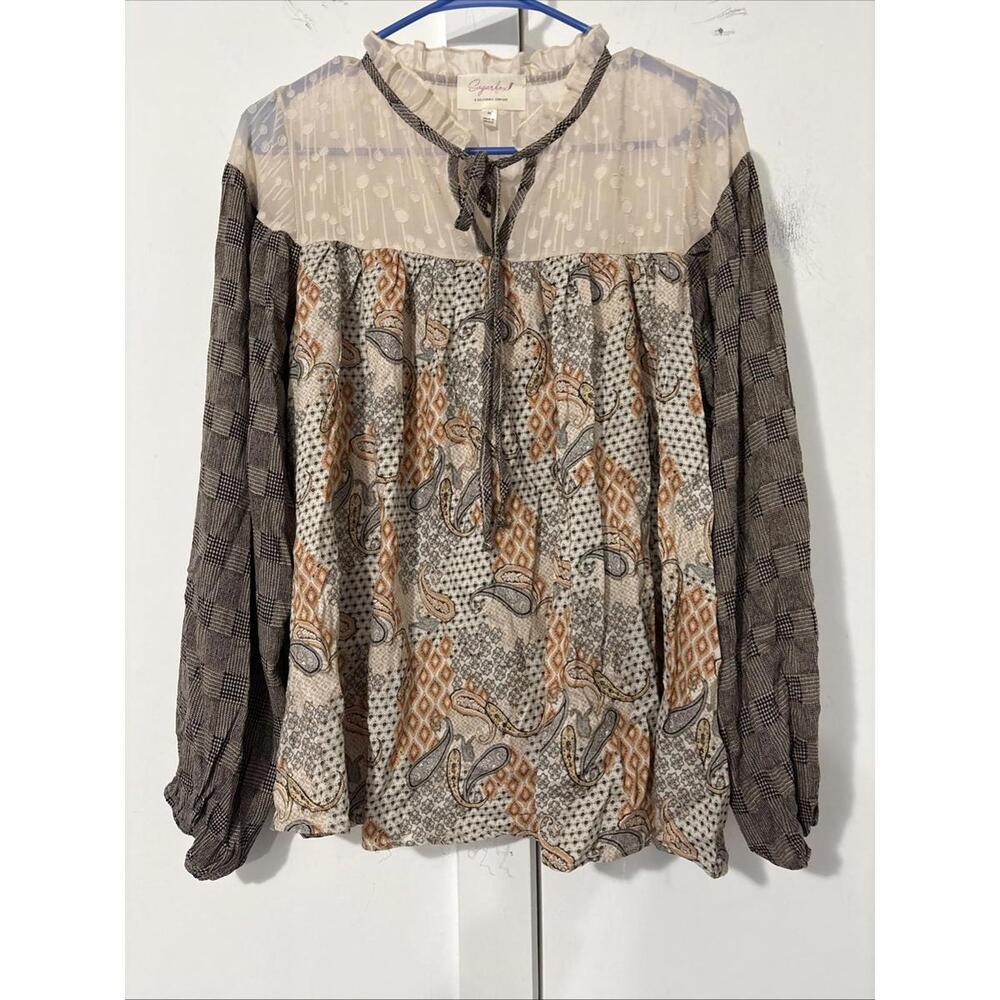 SUGARFOX BOHO MULTI-PATTERN BABYDOLL BOHO BLOUSE FALL COLORS SHEER TOP‎ MEDIUM